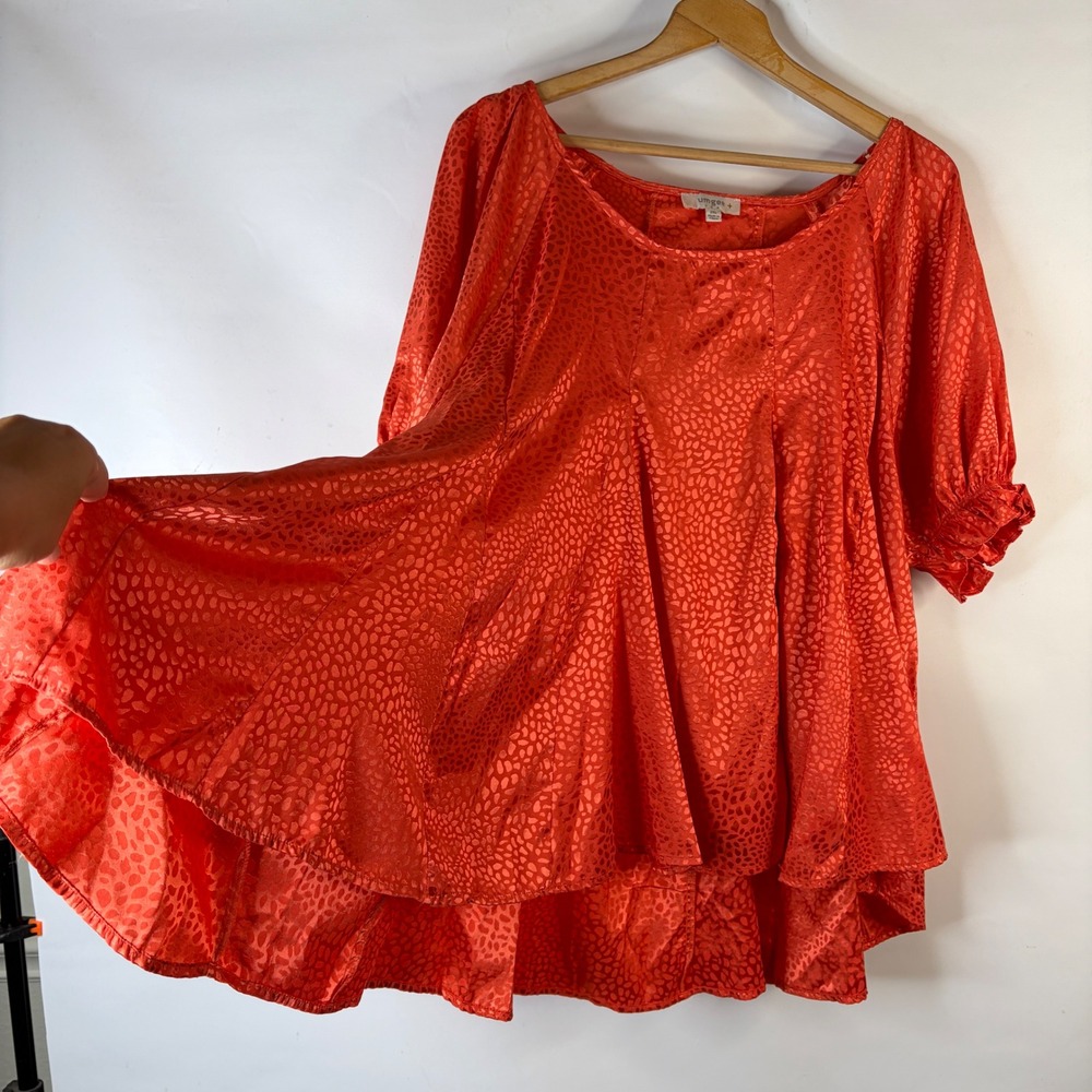 Umgee Tunic Top Women 2XL Orange Animal Print Puff Sleeve High Low Satin - Picture 4 of 8